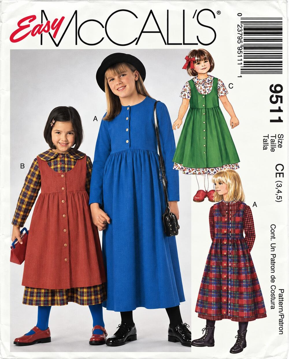 Vintage McCalls 9511 SEWING Pattern Girls 1990s Dress Jumper Easy 3-4-5 Cut